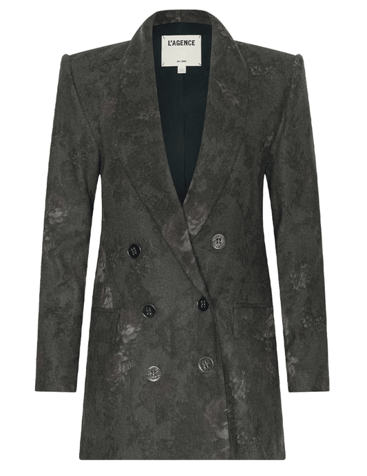 L'AGENCE Jayda Double Breasted Blazer in Deep Forest Multi Floral with structured shoulders and tonal buttons.