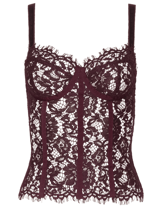 view of L’AGENCE Jenny Lace Bustier in Deep Sangria