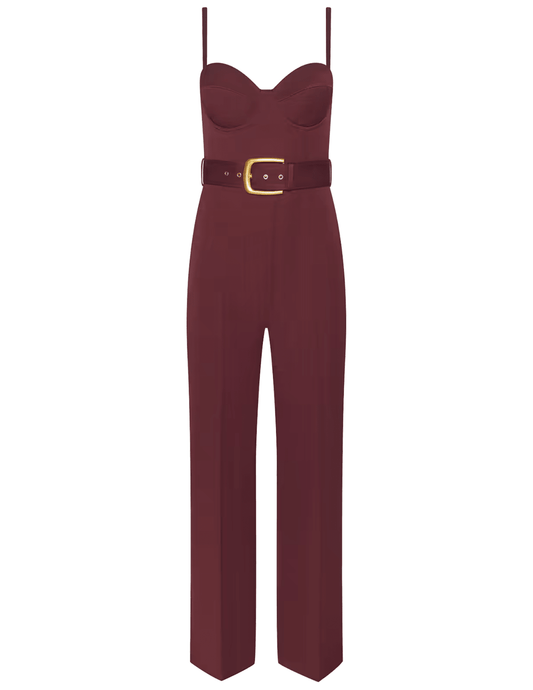 L'AGENCE Jessa Bustier Tailored Jumpsuit in Deep Port with sweetheart neckline and belted waist