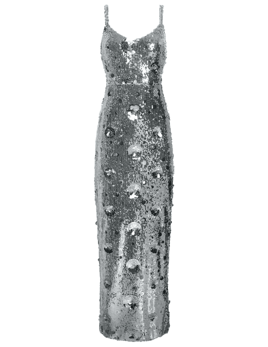 L'AGENCE Karma silver sequin maxi dress with oversized rose paillettes and V-neckline