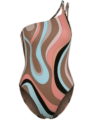 LAGENCE Karmin one shoulder swimsuit abstract swirl