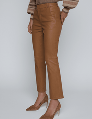 Side view of Ketra Leather Bootcut Trouser in Cognac with cropped hem.