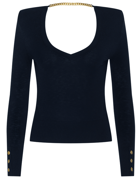 L’AGENCE Kolie Chain V-Neck Top in Midnight and Gold