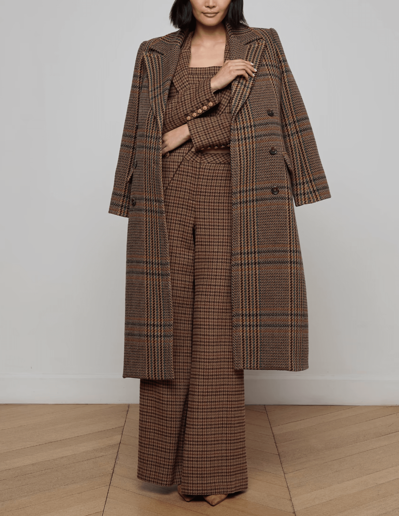 L’AGENCE Kolina Long Coat in brown houndstooth plaid