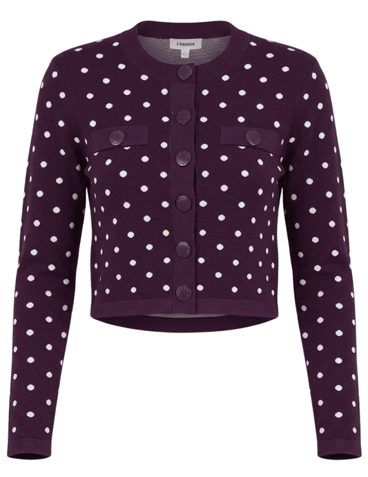 L'AGENCE Kota Jacquard Knit Cardigan in Dark Plum Ivory Polka Dot.