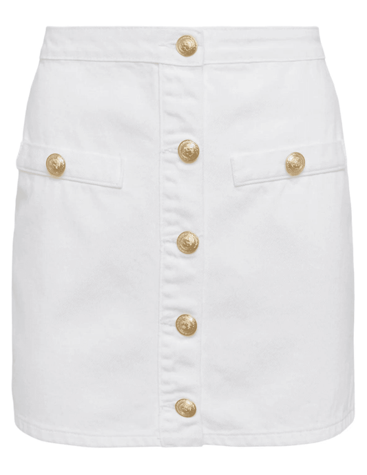 L'AGENCE Kris button-front denim mini skirt in blanc, white women’s skirt with front button detailing and a flattering slim fit front view