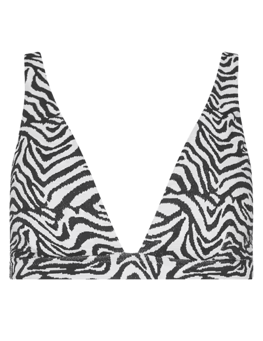 L'AGENCE Lexie Triangle Bikini Top in Black White Zebra with plunging neckline and wide straps.