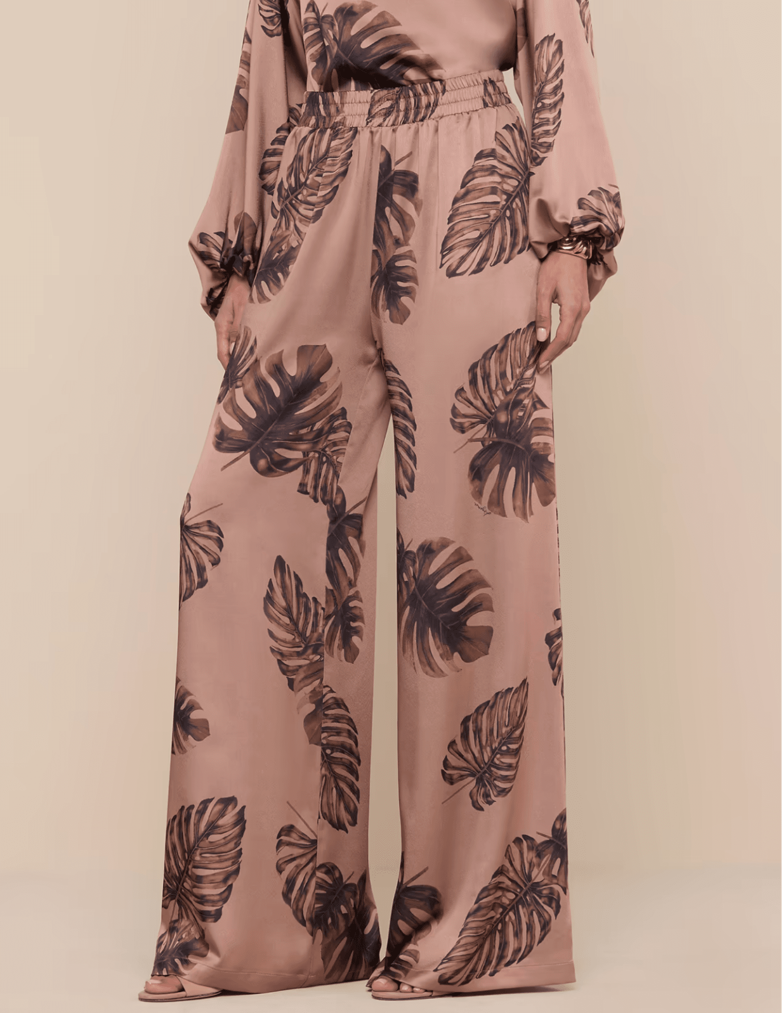 Side view of high waisted wide leg pants women