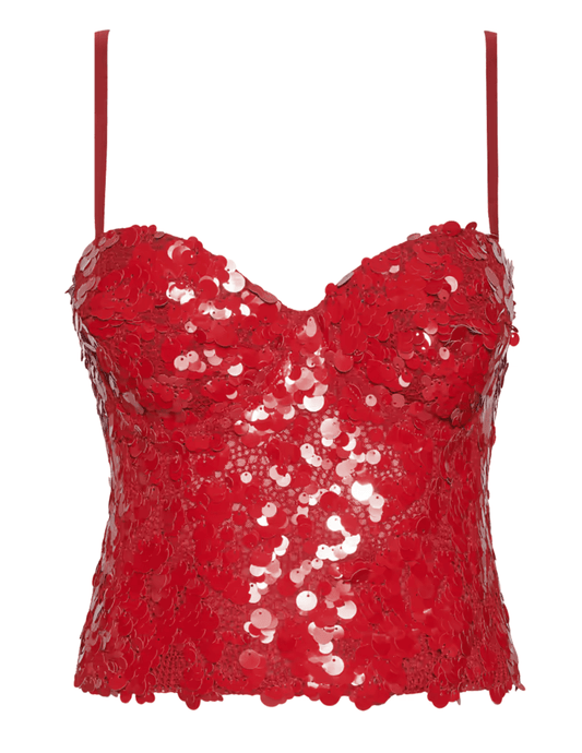 L'AGENCE Lior Sequin Bustier in Red featuring shimmering paillettes and structured cups