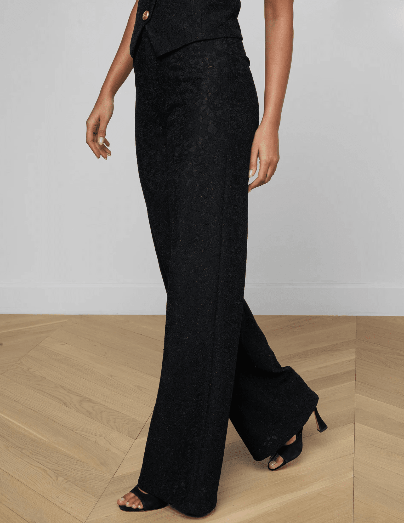 Side view of LAgence Livvy lace straight leg trouser in black