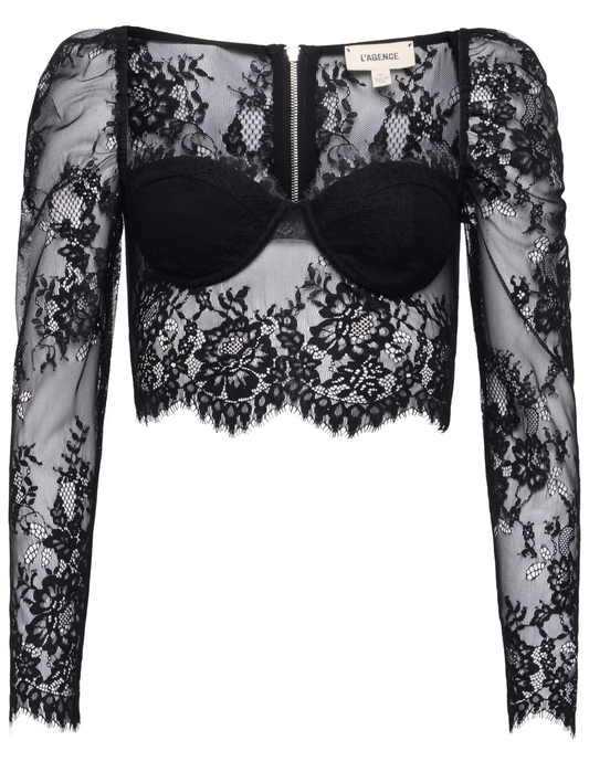 L’AGENCE Lori Lace Bustier Top in black floral lace with long sleeves