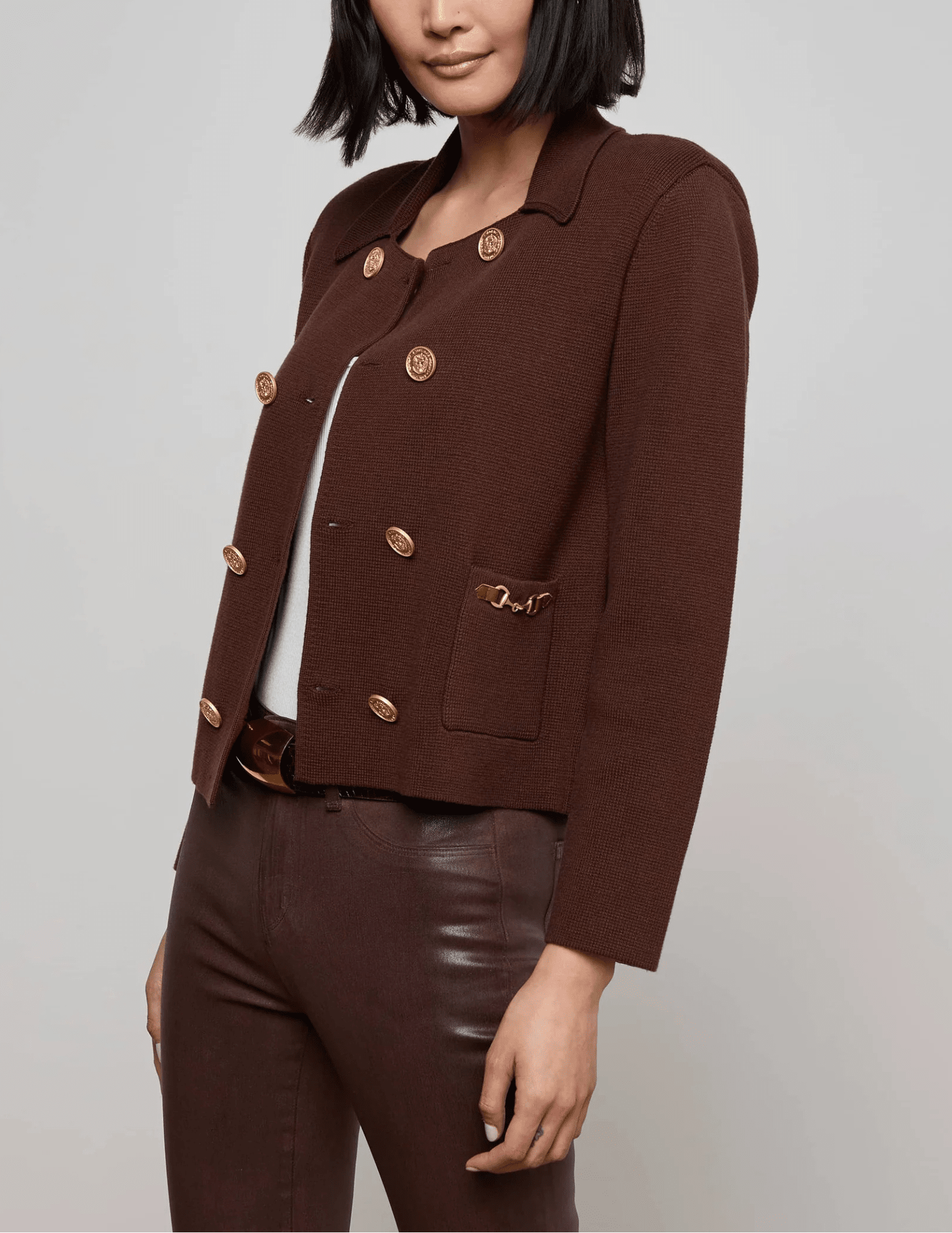 L’AGENCE Madilyn Double Breasted Knit Jacket in Chocolate Gold – side view
