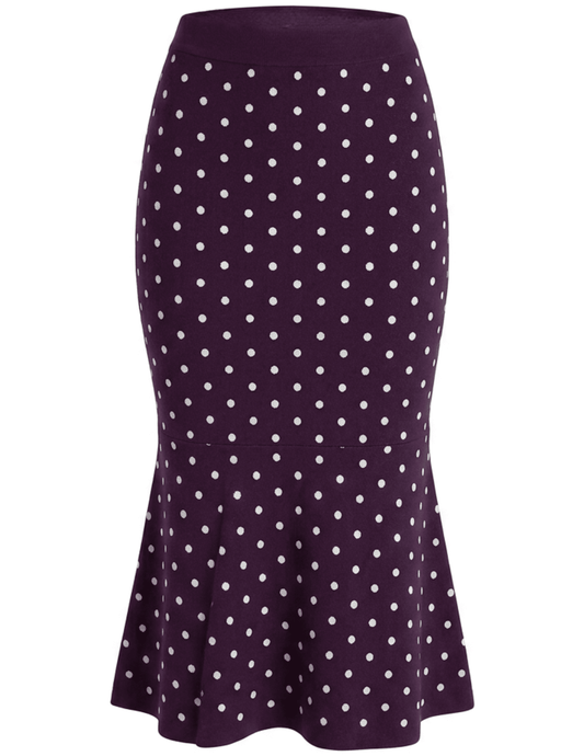 L'AGENCE Mae Knit Flare Skirt in Plum Ivory Polka Dot.