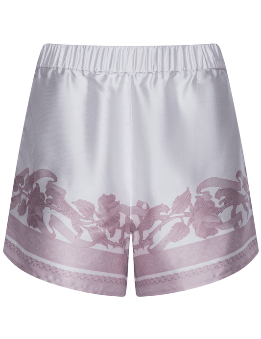 L'AGENCE Maela pull on shorts in mauve leopard scarf print
