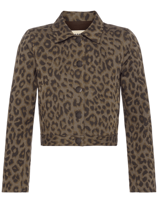 L’AGENCE Marla Cropped Cotton Jacket in Tan Multi Leopard