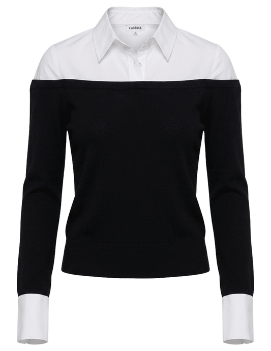 L’AGENCE Mathilde Poplin Combo Sweater in Black & White