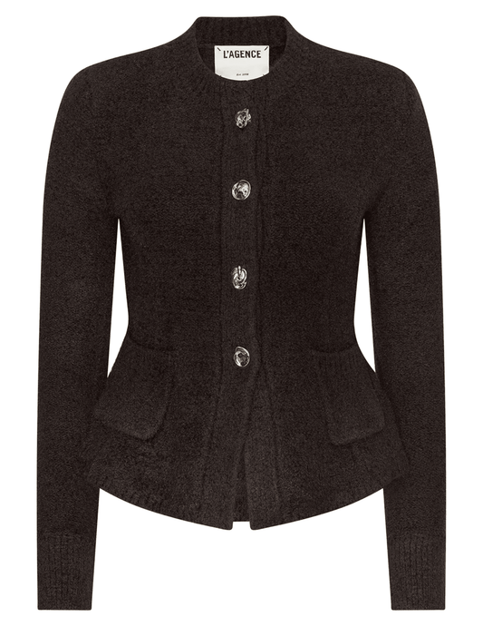 L'AGENCE Melissa Knit Flare Cardigan in Dark Brown Gold f