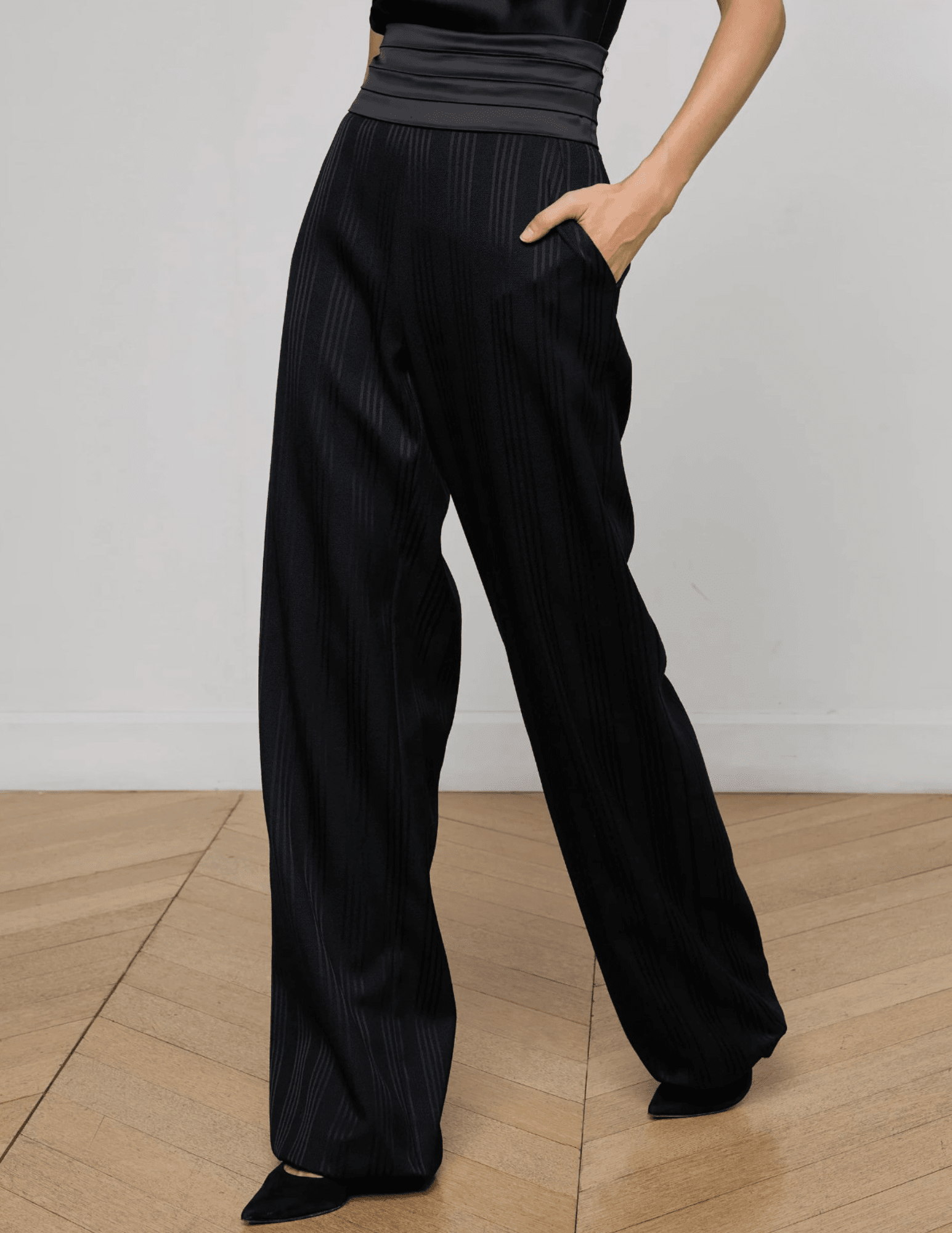 Side view of high-rise wide-leg tailored trousers in black shadow stripe by L’AGENCE