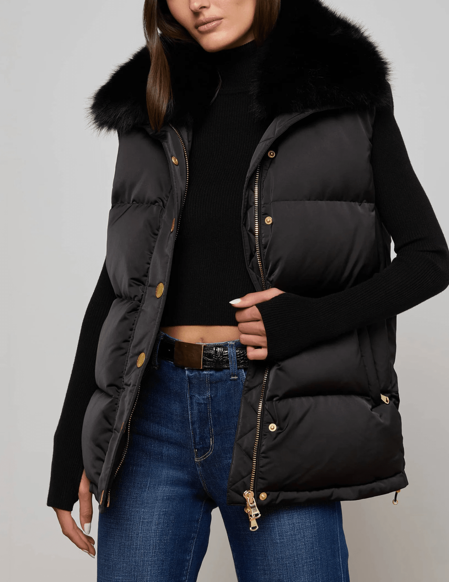 "L’AGENCE Nalo Faux Fur Collar Puffer Vest in Black