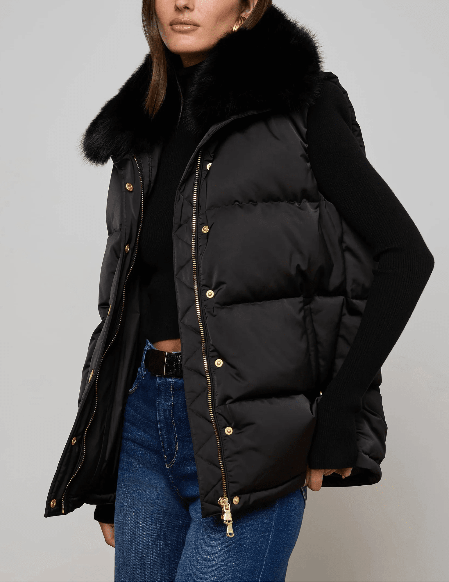 "L’AGENCE Nalo Faux Fur Collar Puffer Vest in Black