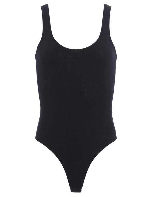 L’AGENCE Nica Scoop Neck Bodysuit in black, flat lay front view on white background