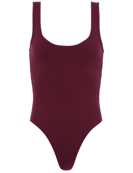 L’AGENCE Nica Scoop Neck Bodysuit in Dark Port, flat lay front view on white background