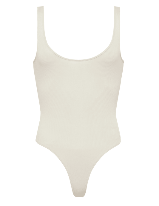 L’AGENCE Nica Scoop Neck Bodysuit in Ivory white, flat lay front view on white background.