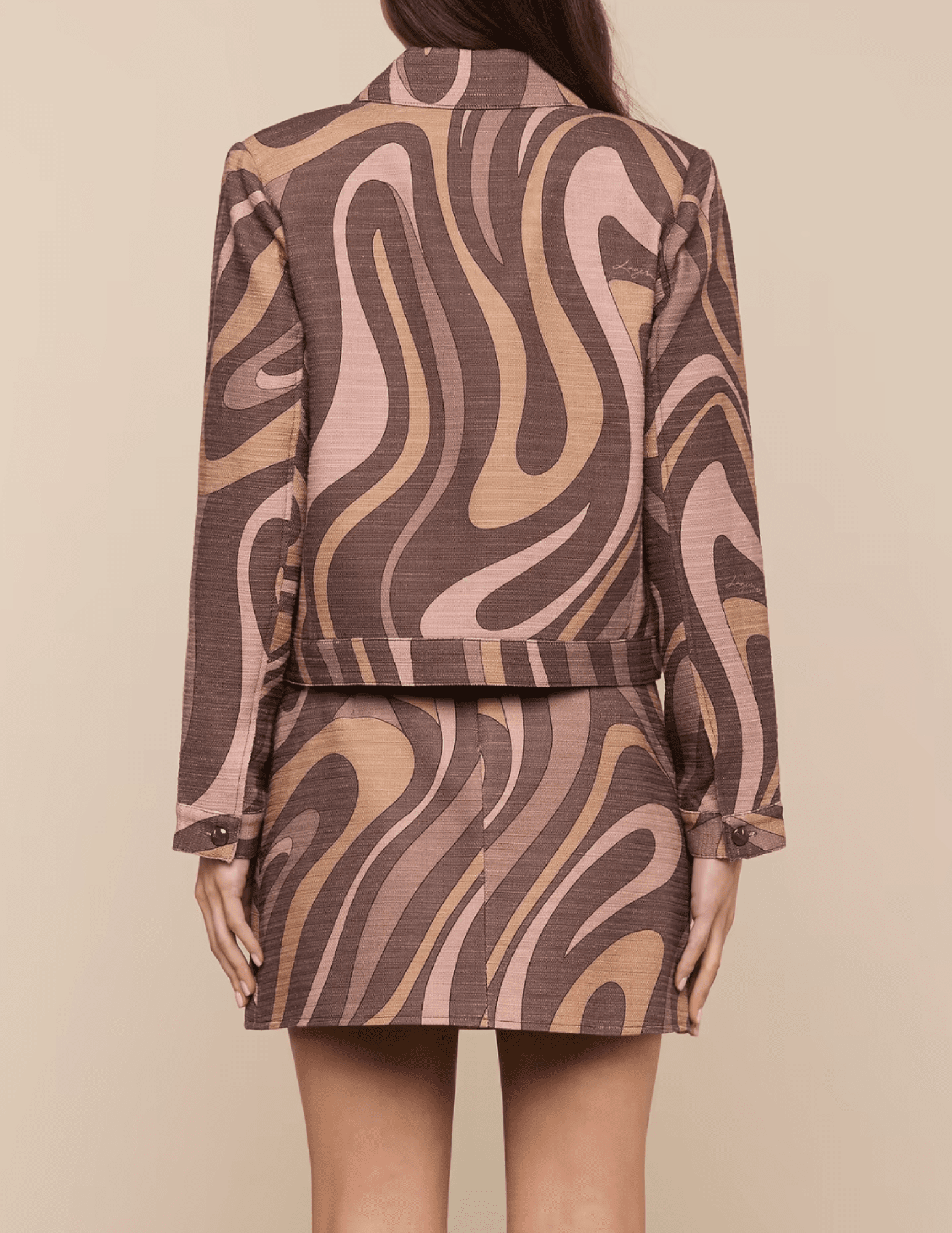 Back view of L'AGENCE Nyx Cropped Jacket in Sepia Brown Abstract Swirl