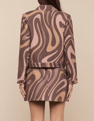 Back view of L'AGENCE Nyx Cropped Jacket in Sepia Brown Abstract Swirl