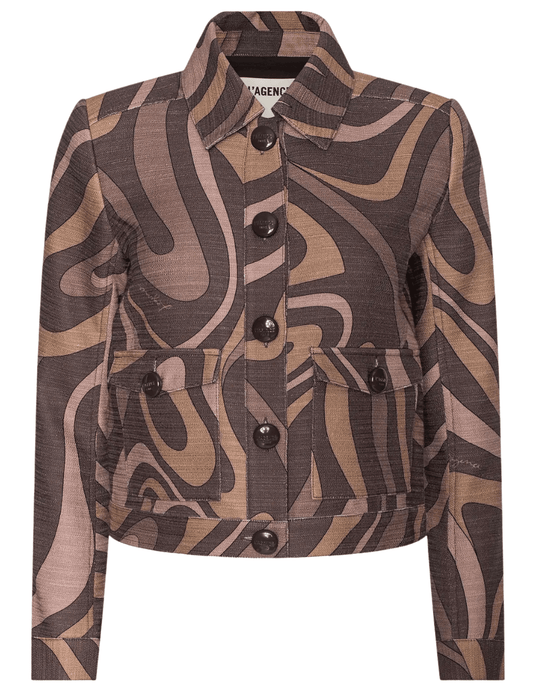 L'AGENCE Nyx Cropped Jacket in Sepia Brown Multi Abstract Swirl