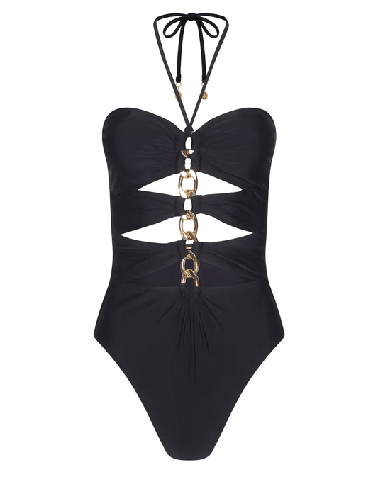 L'AGENCE Opus black one-piece halter swimsuit featuring gold-tone chain details and midriff cutouts.