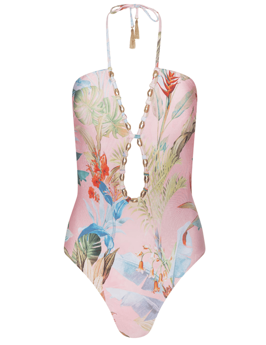 LAGENCE Opus pink palm print one piece swimsuit halter