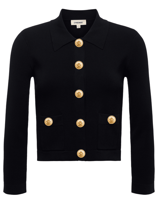 L’AGENCE Osiris Knit Cardigan in Black with gold-tone buttons