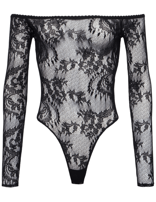 L’AGENCE Peonie off shoulder lace bodysuit in black with long sleeves
