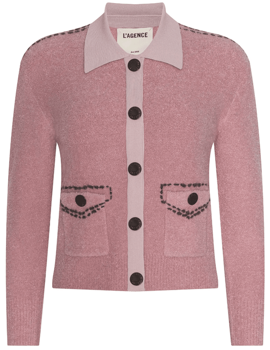 L’AGENCE Poetry stitched cropped cardigan in mauve rose front view
