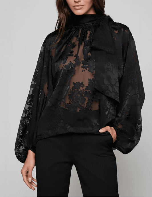 L’AGENCE Rhett Oversized Blouse in black with mock neckline and blouson sleeves