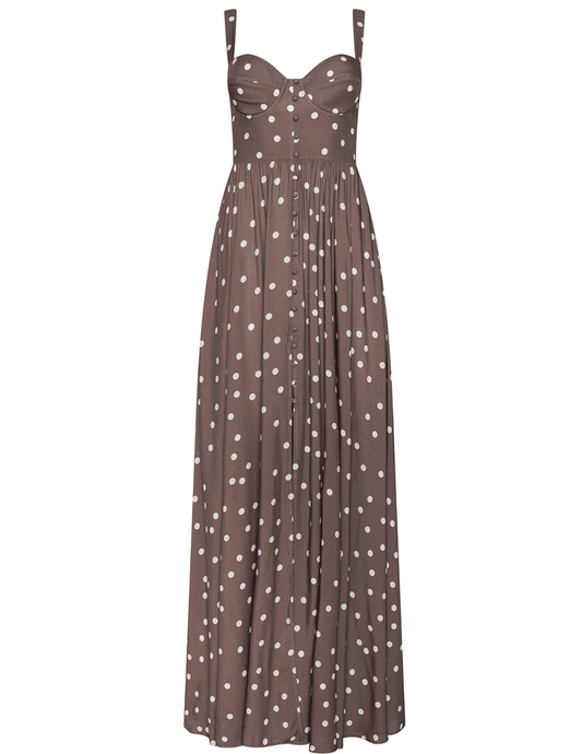 L'AGENCE Rosette Bustier Maxi Dress in Cardamom Ecru Polka Dot