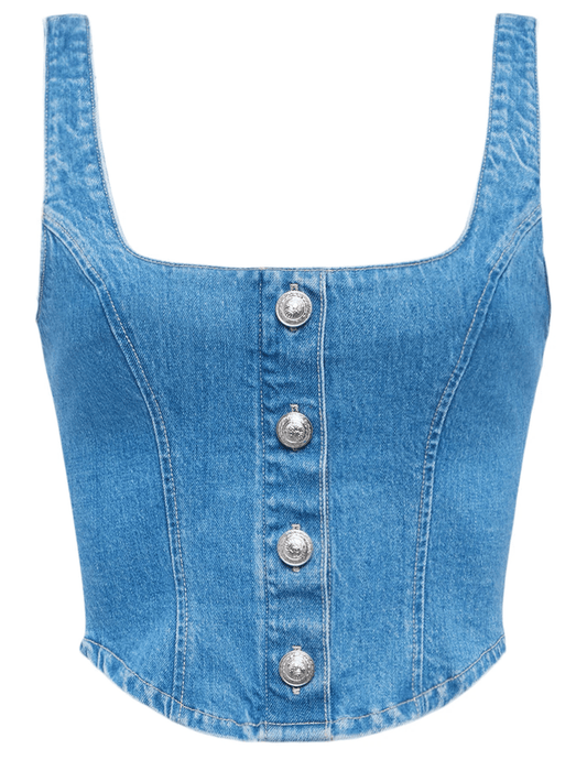 L'AGENCE Saga denim bustier top in Tipton wash, women’s square neck cropped top with structured fit and vintage-inspired button front detailing front view