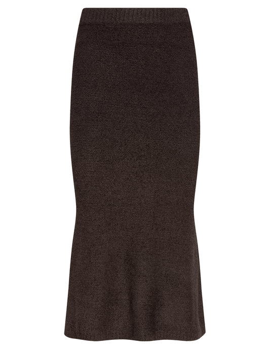 L'AGENCE Salem Knit Flare Midi Skirt in Dark Brown featuring a high-rise waist and gently flared hem.