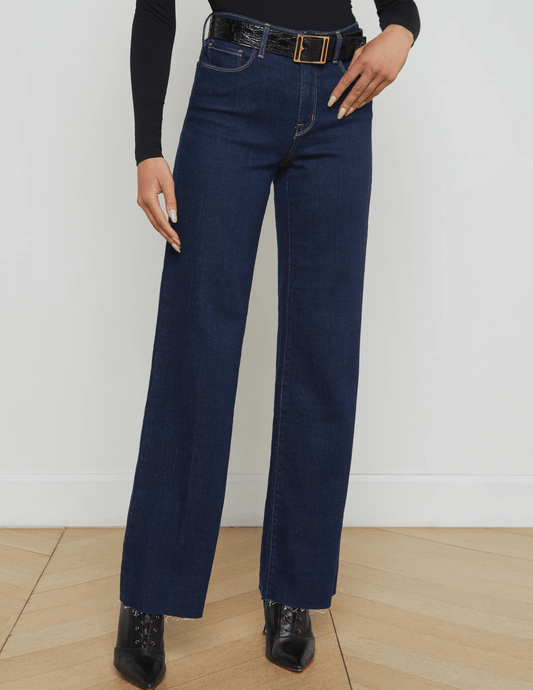 L'AGENCE Scottie high rise wide leg jeans in Koval wash, stylish women’s denim with a high waist and relaxed wide leg fit front model view