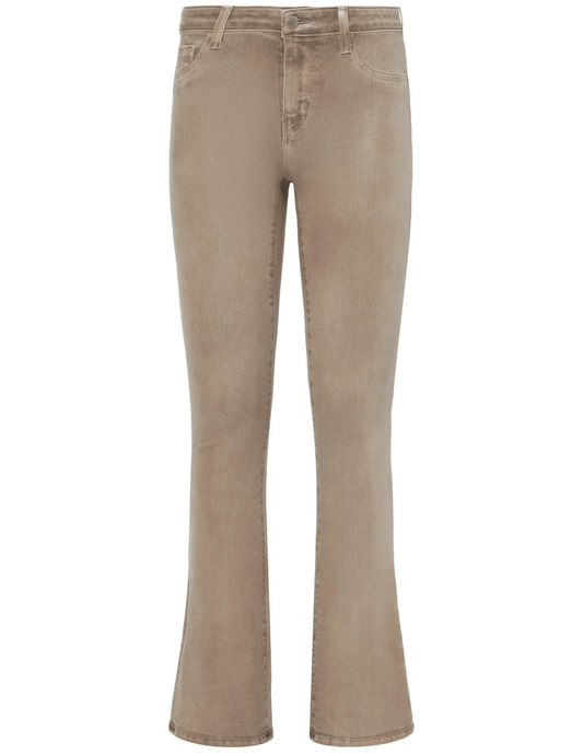 L'AGENCE Selma high rise baby boot-cut coated jeans in Rye Coated, tan women’s denim with a glossy finish and subtle flared leg front view