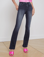 Model wearing L’Agence Selma High-Rise Baby Boot-Cut Jean Nightingale – high rise waist, slim bootcut leg