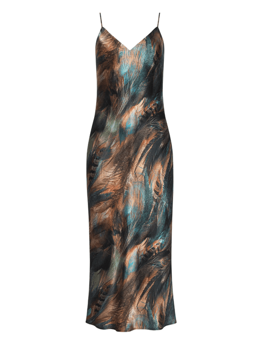L’AGENCE Seridie Silk Slip Dress in Teal Multi Mix Feather Print