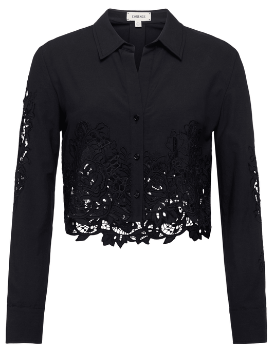 L’AGENCE Seychelles Lace Cropped Blouse in black with floral lace trim