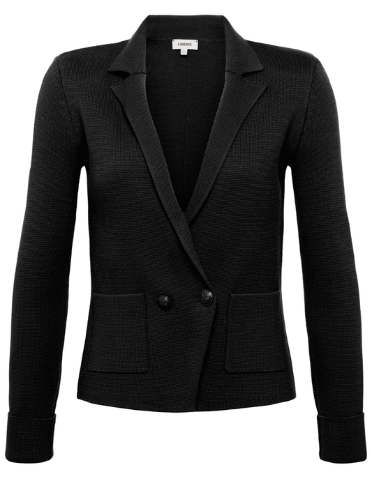 L’AGENCE Sofia Knit Blazer in black, double-breasted front view with peak lapels.