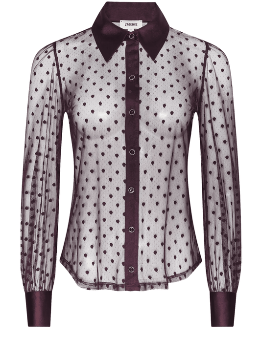 L'AGENCE Sophie Swiss Dot Blouse in Deep Port featuring sheer dotted fabric, structured collar and button-front closure.