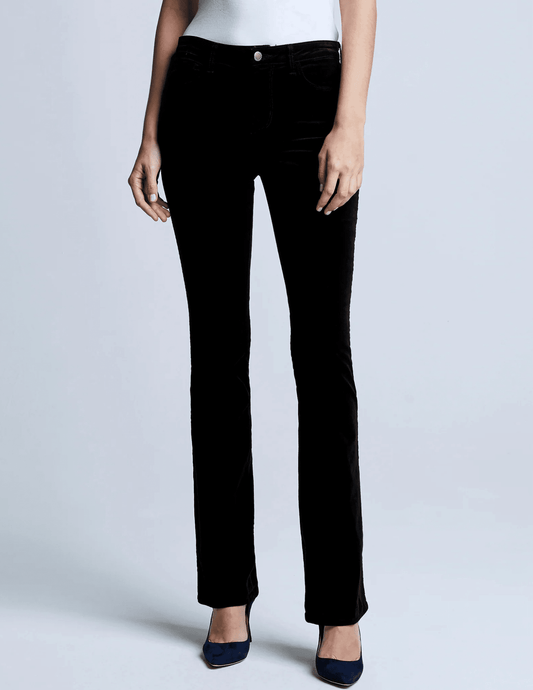 L'AGENCE Stevie velvet jeans in Noir, luxurious black women’s denim with a soft velvet finish and modern slim fit front model view