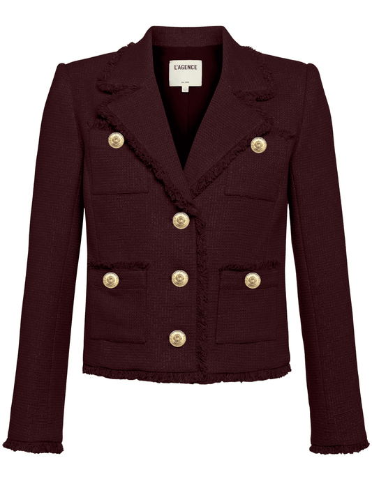 L’AGENCE Sylvia Collared Fringe Hem Jacket in Malbec Gold with gold dome buttons
