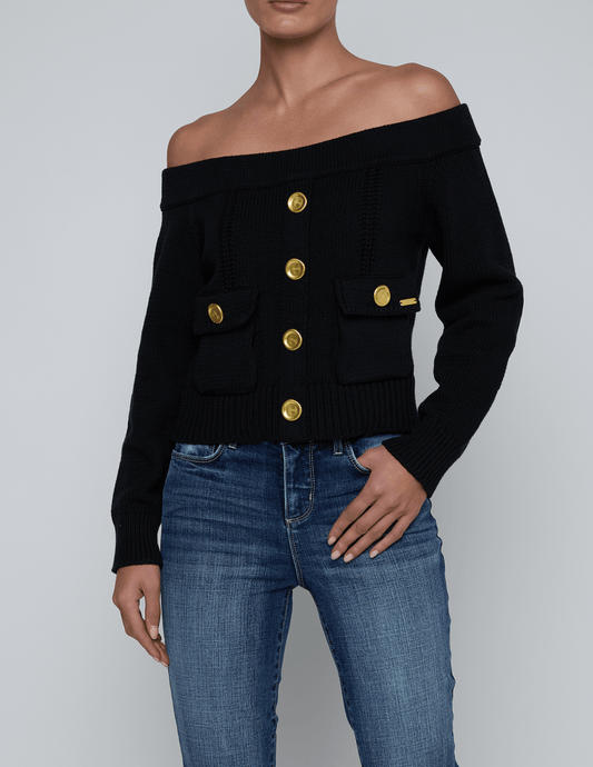 Front view of L’AGENCE Teri Off-Shoulder Cargo Sweater in black knit with cargo details.
