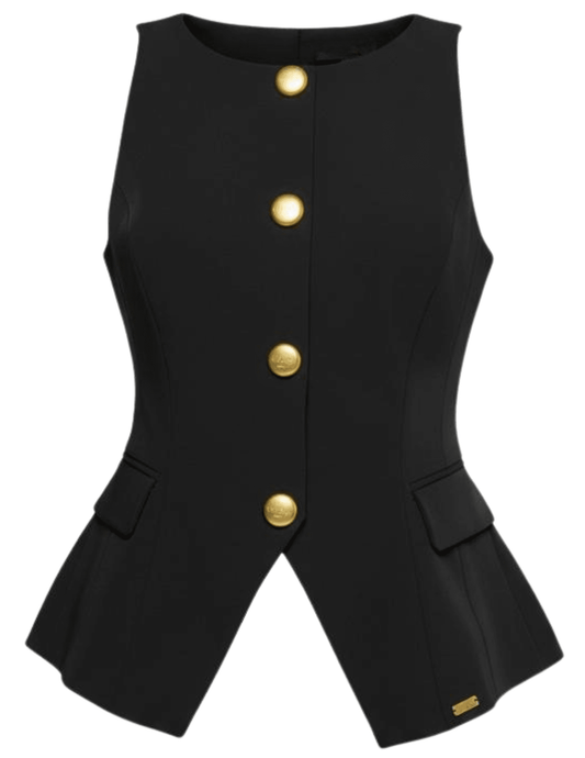 L’AGENCE Tessa racer-neck vest in black with gold logo buttons